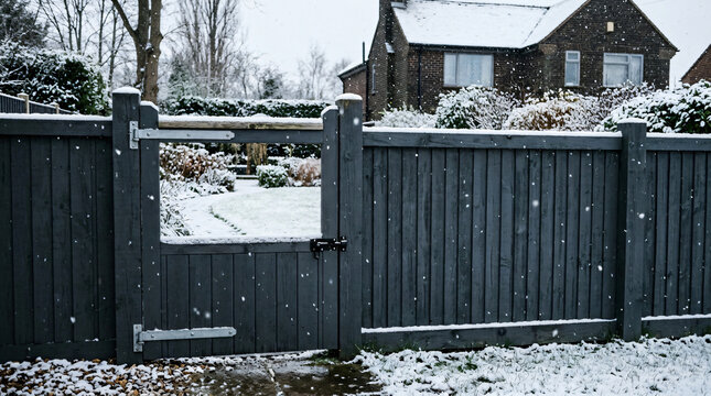 Winter garden with grey wooden fence | Snow falling over backyard garden gate | Suburban house exterior in winter snow | Modern dark grey garden fencing in snow