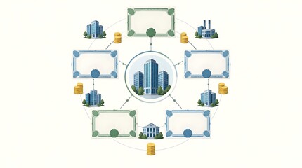 Naklejka premium Business ecosystem illustration showing corporate networking, investment strategy, and financial assets with buildings, blank certificates, and gold coins in a circular flow.