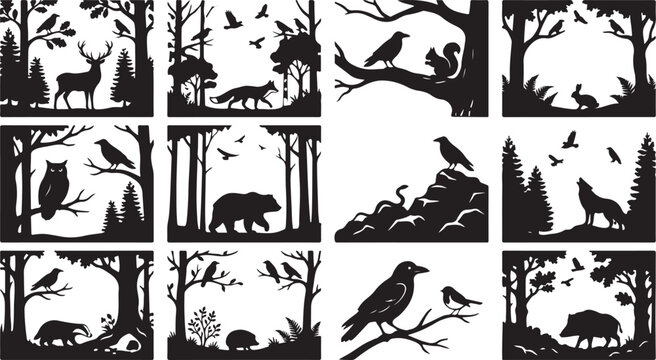 Set of twelve black and white forest scenes featuring silhouettes of wild animals like deer, bears, wolves, owls, and various woodland birds