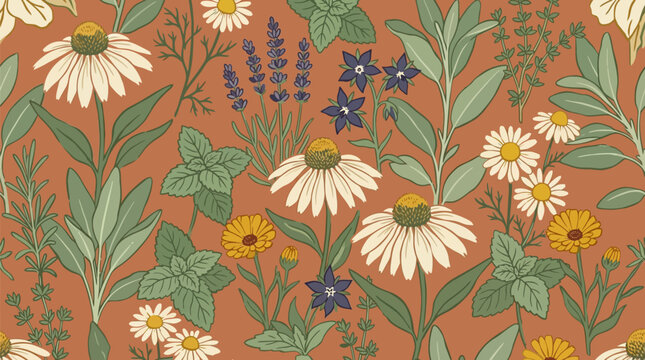 Seamless floral pattern with medicinal herbs and wildflowers in retro color palette featuring daisies and lavender for textile design wallpaper or sustainable packaging material background