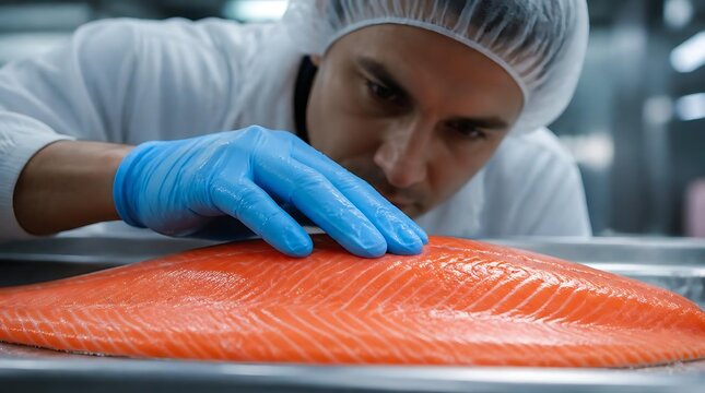 Food quality inspector examining fresh salmon fillet.