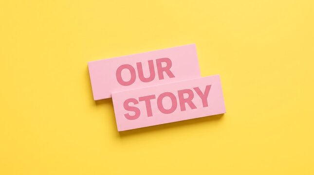 Our Story text on pink wooden blocks, corporate history and branding concept, minimalist narrative message on yellow background
