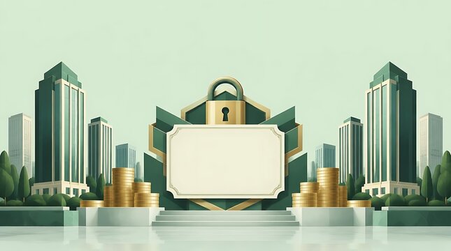 3D illustration of financial security featuring a blank white frame with a gold padlock and stacks of coins against a modern urban skyline for banking and wealth protection concepts.
