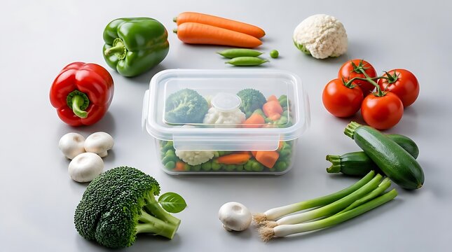 Fresh assorted vegetables around meal prep container.