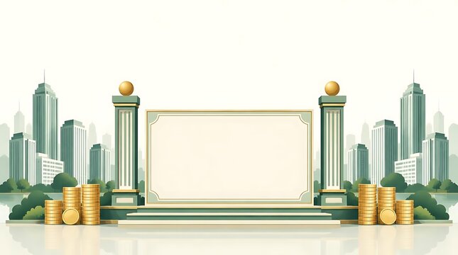 Business presentation billboard with golden coin stacks and stylized city skyline background for financial and investment advertisement concepts.