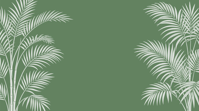Tropical palm tree leaf frame illustration on sage green background for botanical invitations and summer event posters featuring white hand-drawn vector elements for elegant natural designs