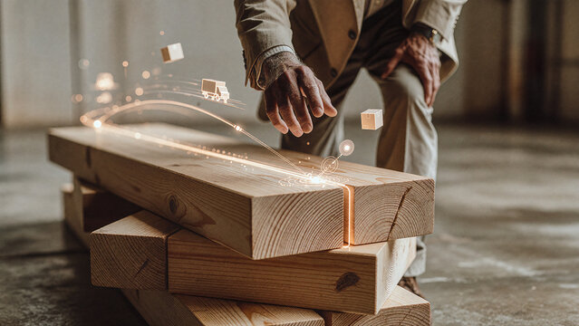 Man in tan suit gestures toward glowing digital icons hovering above a stack of timber beams in an industrial warehouse setting under warm, soft illumination.