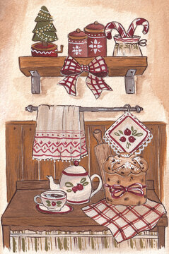 Cozy Christmas kitchen with Panettone and festive rustic decor
