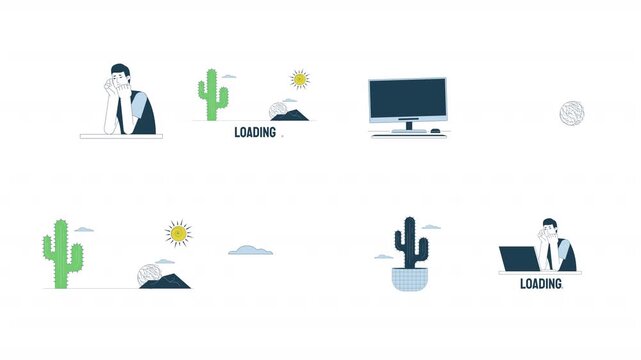 Loading wait time scenes cartoon animation pack. Frustrated computer use. Broken monitor. Cactus desert with tumbleweed animated flat 4K video collection isolated on transparent background