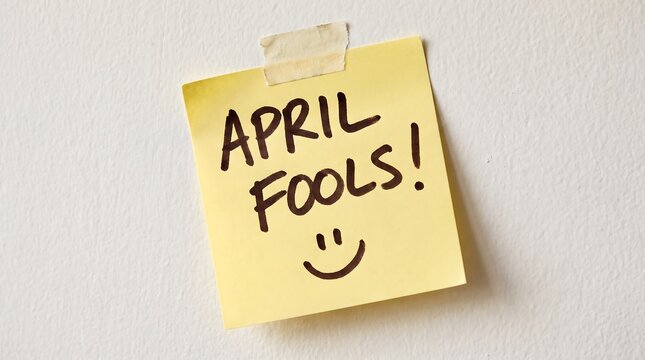 April Fools handwritten note on yellow sticky pad. Funny prank message with smiley face on office wall. Festive holiday reminder.