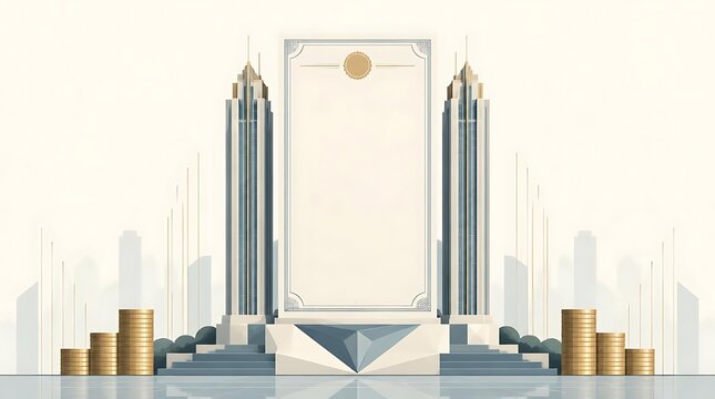 Minimalist business backdrop featuring twin towers, golden coin stacks, and a large central blank frame for success and financial growth concepts.