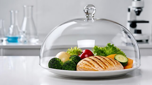 Fresh healthy meal under glass cloche dome laboratory.