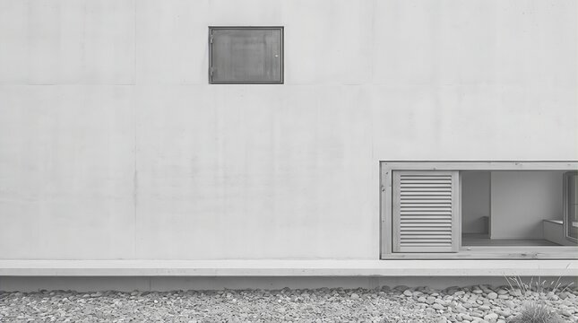 Minimalist concrete wall with small square windows, modern brutalist architecture facade, clean gray cement texture background