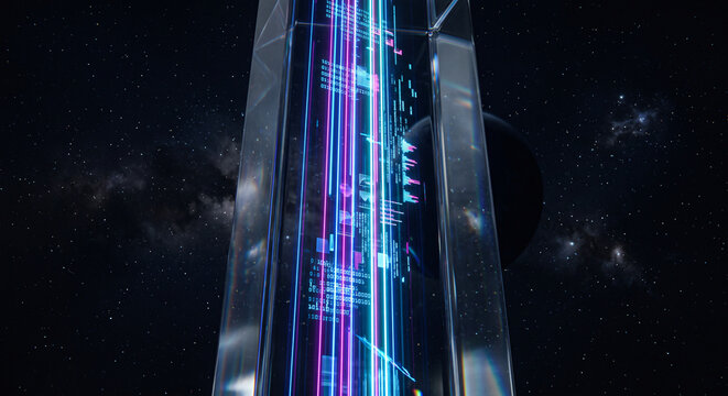 Massive transparent glass data monolith with glowing neon linear code floating in space