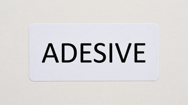 Adesive text on white rectangular sticker, adhesive label with black typography, minimalist sticky note for office organization