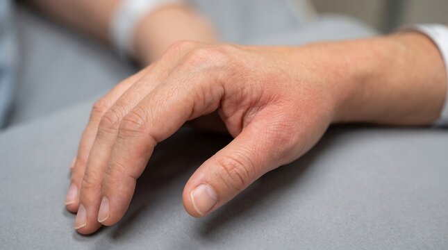 Swollen hand with red skin inflammation, close up of allergic reaction on human skin, medical patient with edema and dermatitis