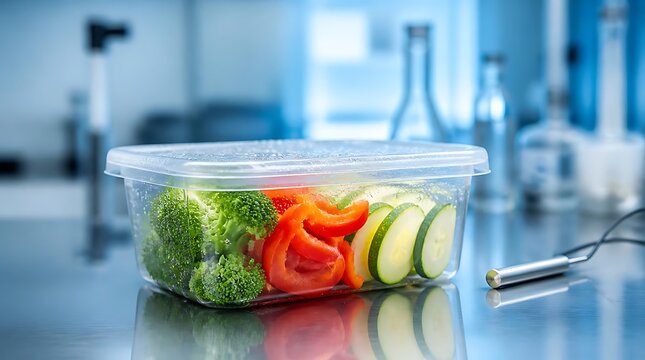 Fresh sliced vegetables stored in clear plastic container.