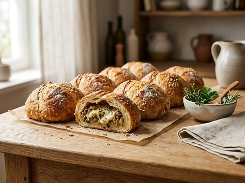 Freshly baked savory meat pies on a rustic wooden kitchen table with green herbs. Roll-shaped foods