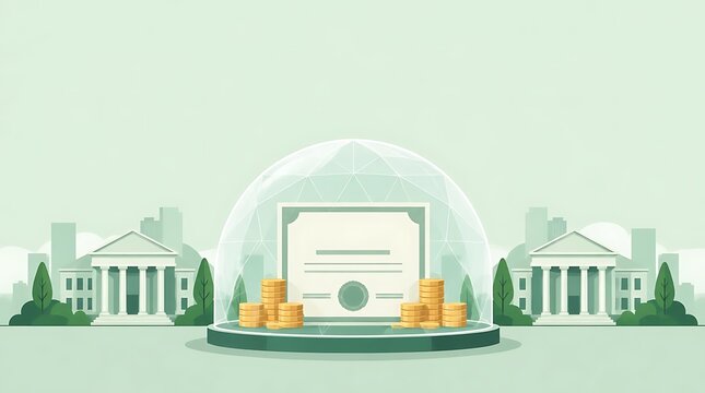 Secure financial investment concept featuring a certificate and gold coins under a glass dome shield with classic bank buildings and city skyline in a flat green illustration style.