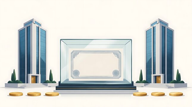 Professional certificate or corporate award in a glass display case set between two modern office skyscrapers with gold coins on a white background representing business success and achievement.