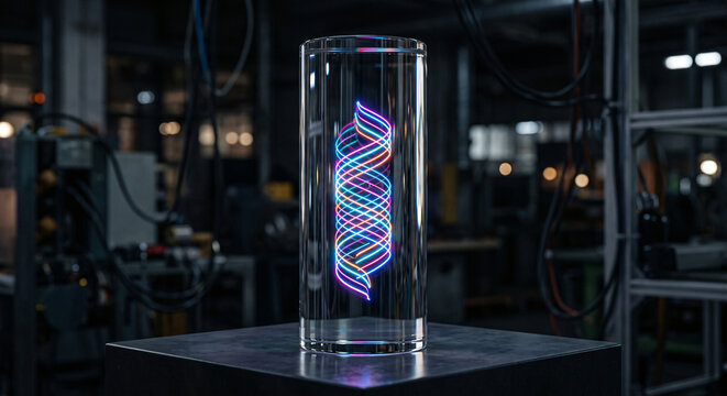 Transparent glass cylinder enclosing a glowing neon linear double spiral data core