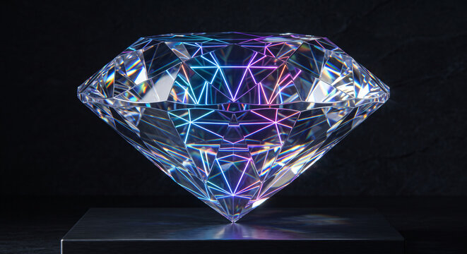 Precision cut transparent glass diamond refracting intense neon linear geometric data lines