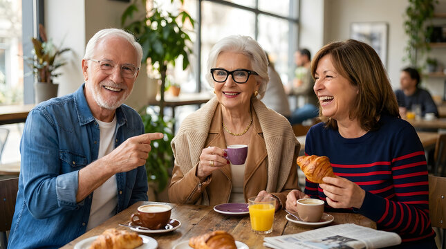 Group of happy senior friends enjoying coffee and pastries in a cafe