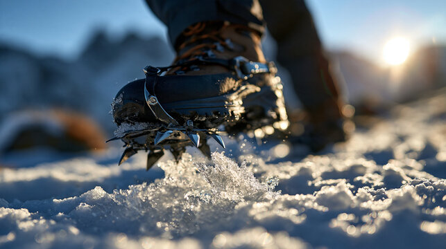 Bright winter mountain path extreme close up of a mountaineering boot with a steel crampon stepping into hard packed snow textured ice crystals sharp spikes clean daylight