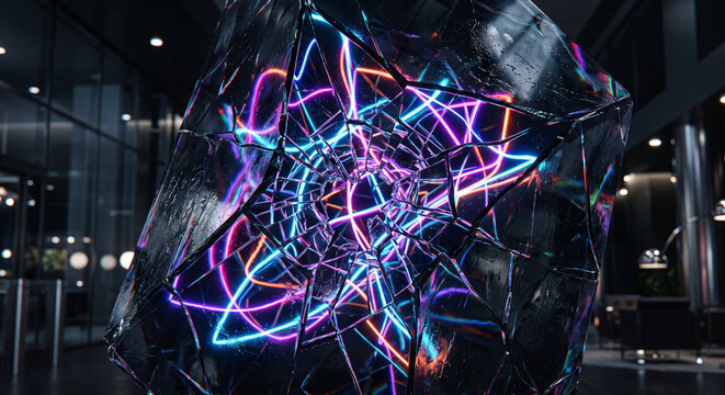 Shattered transparent glass data vault glowing with neon linear internal circuits