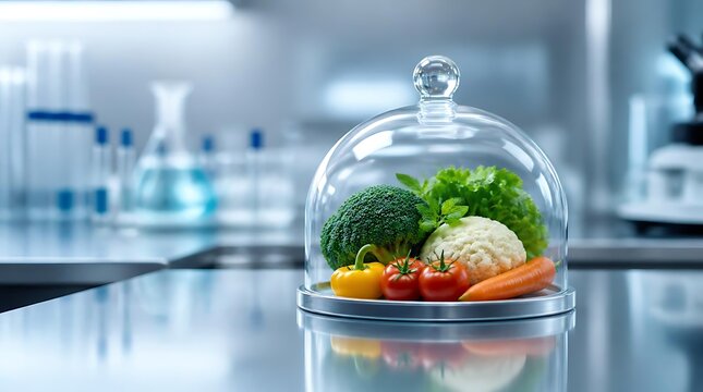 Fresh Vegetables Under Glass Dome Laboratory.