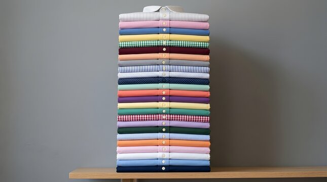 Neatly folded colorful collared shirts piled high into a tall stack representing fashion retail and organization.