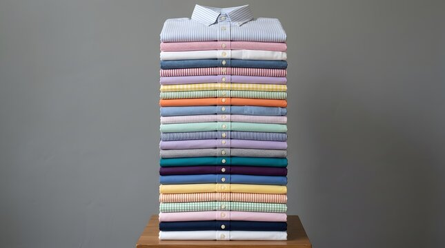 Tall stack of neatly folded, multi-colored button-down shirts arranged on a wooden table against a grey background.