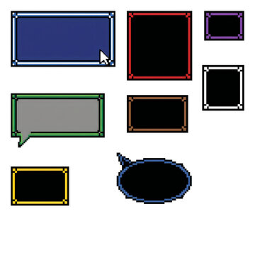 Retro pixel art speech bubble collection with colorful borders dialogue box retro graphics gaming UI vector elements