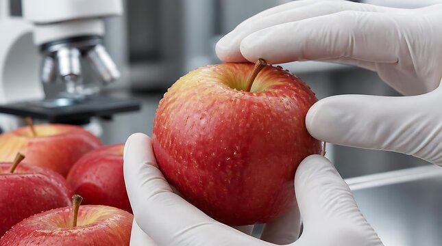 Gloved hands inspecting red apple in laboratory.