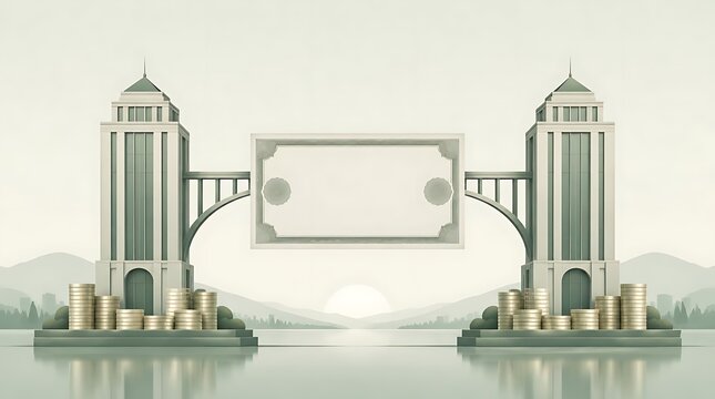 Abstract financial bridge illustration with blank banknote connecting skyscraper towers and gold coins over water at sunrise, representing economic stability and wealth.