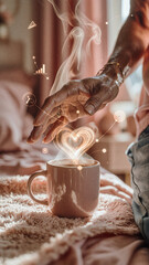 Obraz premium Hand reaches toward a ceramic mug filled with hot coffee as luminous steam rises in the shape of a heart. Soft sunlight illuminates swirling vapor above textured bedding.