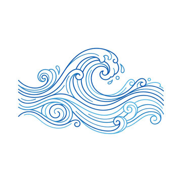 Hand drawn blue ocean wave sketch on white background with sea wave water wave sketch illustration blue line marine design