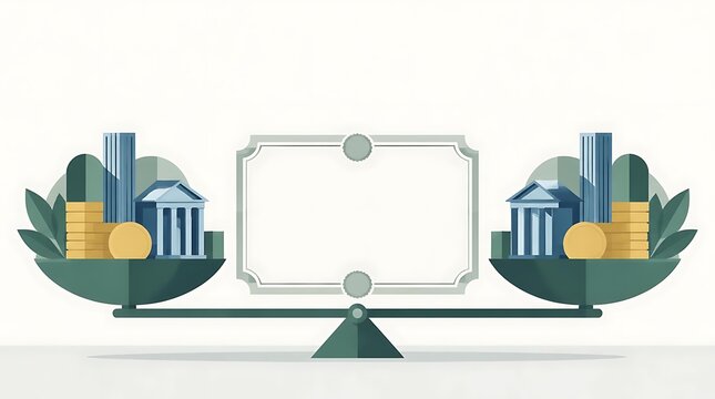 Conceptual illustration of balance scale with bank buildings, gold coins, and skyscrapers. Features central blank frame for text and copy space on neutral background.