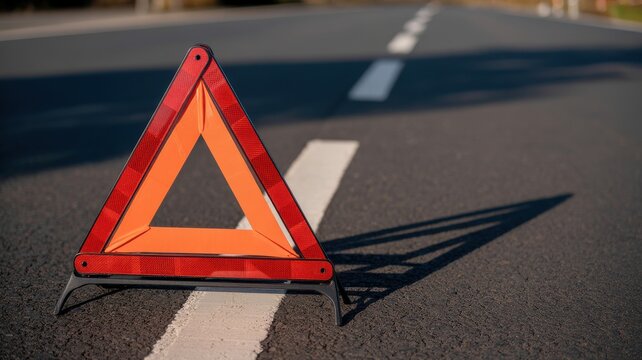 Red reflective warning triangle on an asphalt road with a white line and long shadow, indicating a breakdown or accident