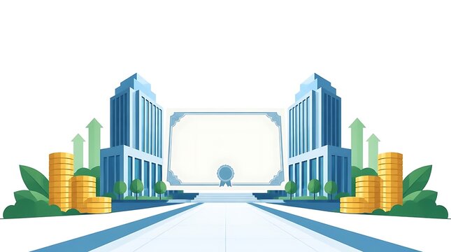Business achievement illustration featuring skyscrapers, stacks of gold coins, and a blank certificate frame symbolizing financial growth and corporate success on a clean white background.