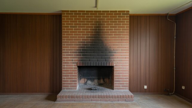 Old brick fireplace with soot stains and dark wood paneling in an empty room
