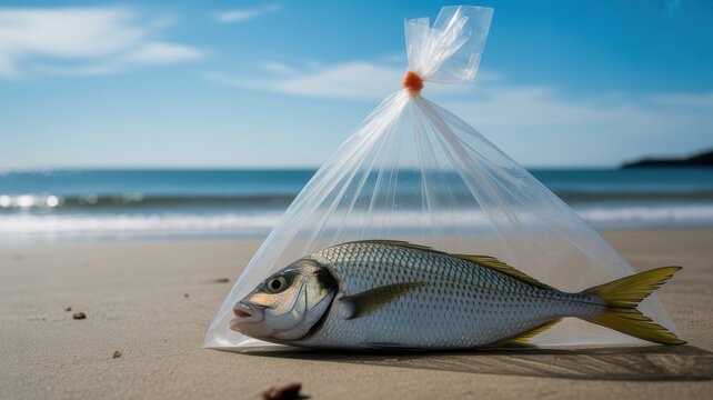 Freshly caught fish in a plastic bag on a sandy beach with the ocean in the background, showing marine life and human impact