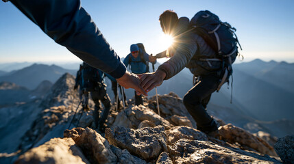 Fototapeta premium Bright rocky summit under a clean sky rear view of a group climbing the final section together hands helping one another over the rocks backpacks and poles sunlit peaks