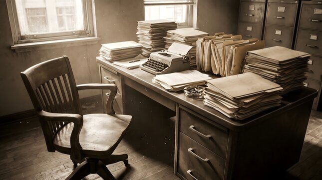 Vintage 1950s office interior with a wooden desk overloaded with stacks of paper folders and a manual typewriter