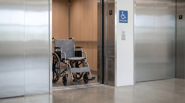 Empty manual wheelchair positioned in front of an open elevator with a blue accessible sign in a modern building