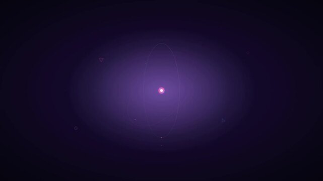 Glowing atomic nucleus spinning in deep space animation showing orbiting particles with minimalist geometric shapes on dark purple motion background
