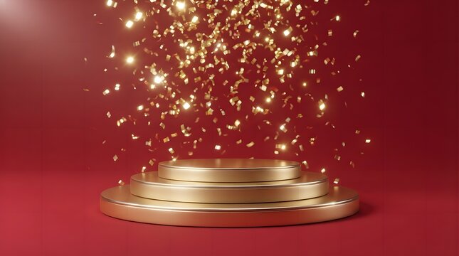Golden podium with falling confetti on a dark red background for product presentation or celebration