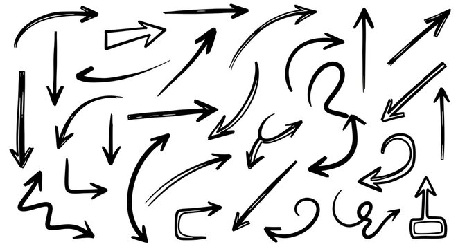 Hand drawn arrow vector set containing icons for Upward Arrow Curved Direction Loop Pointer and Downward Pointer for graphic design projects and digital presentations