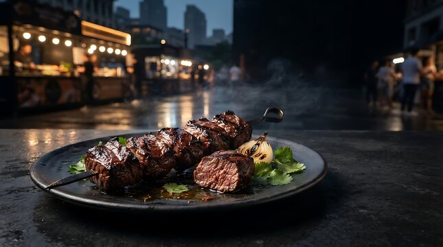Grilled beef kebab on a plate at a night street food market