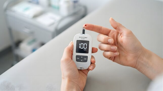 Closeup of a person checking their blood glucose level using a digital glucometer device at a medical clinic